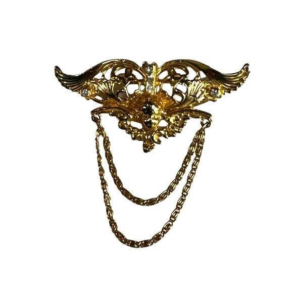 Vintage Angel Cherub Wings Brooch Gold-Tone Double Chains 3" x 3" - Picture 6 of 8
